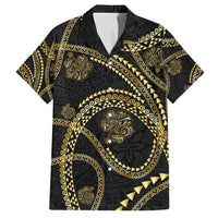 Hawaiian Kakau Art and Hisbiscus Tattoo Family Matching Summer Maxi Dress and Hawaiian Shirt Tribal Pattern-Gold Style LT03 Dad's Shirt - Short Sleeve Black - Polynesian Pride