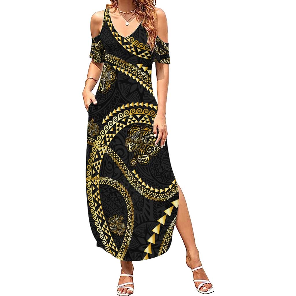 Hawaiian Kakau Art and Hisbiscus Tattoo Family Matching Summer Maxi Dress and Hawaiian Shirt Tribal Pattern-Gold Style LT03 Mom's Dress Black - Polynesian Pride