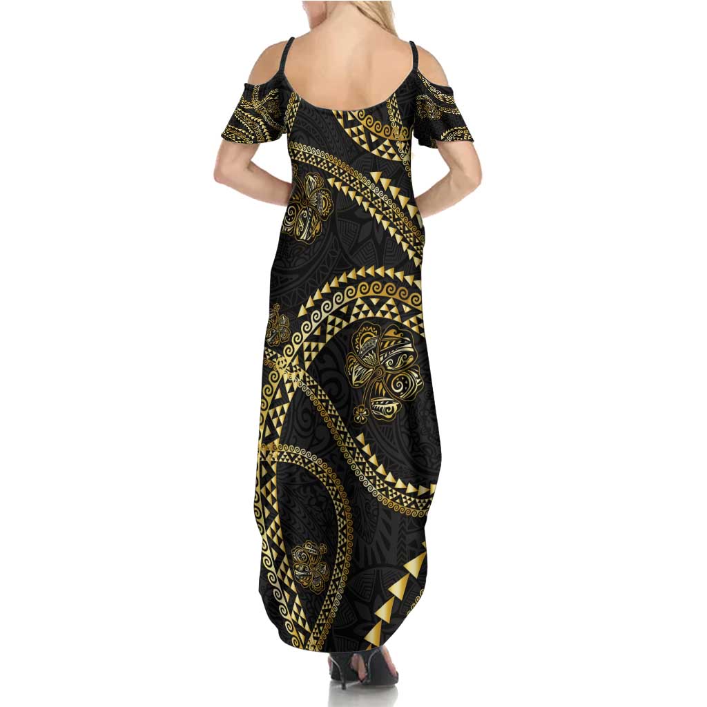 Hawaiian Kakau Art and Hisbiscus Tattoo Family Matching Summer Maxi Dress and Hawaiian Shirt Tribal Pattern-Gold Style LT03 - Polynesian Pride