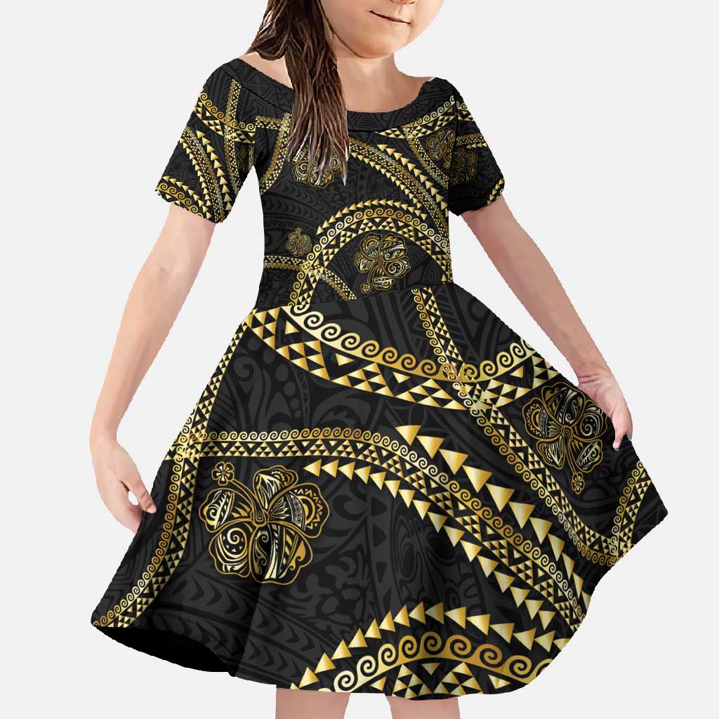 Hawaiian Kakau Art and Hisbiscus Tattoo Family Matching Tank Maxi Dress and Hawaiian Shirt Tribal Pattern-Gold Style LT03 Daughter's Dress Black - Polynesian Pride
