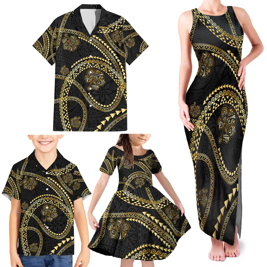 Hawaiian Kakau Art and Hisbiscus Tattoo Family Matching Tank Maxi Dress and Hawaiian Shirt Tribal Pattern-Gold Style LT03 - Polynesian Pride