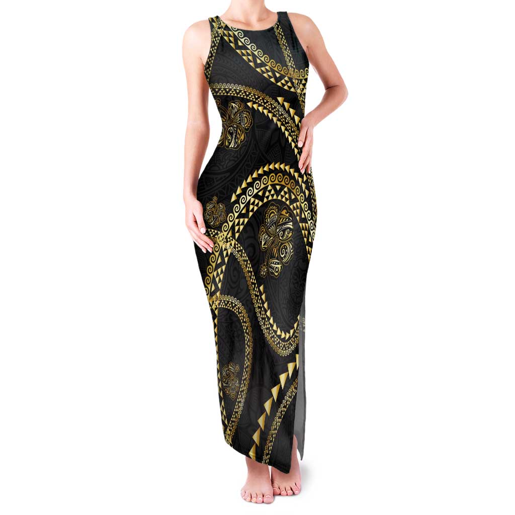Hawaiian Kakau Art and Hisbiscus Tattoo Family Matching Tank Maxi Dress and Hawaiian Shirt Tribal Pattern-Gold Style LT03 Mom's Dress Black - Polynesian Pride
