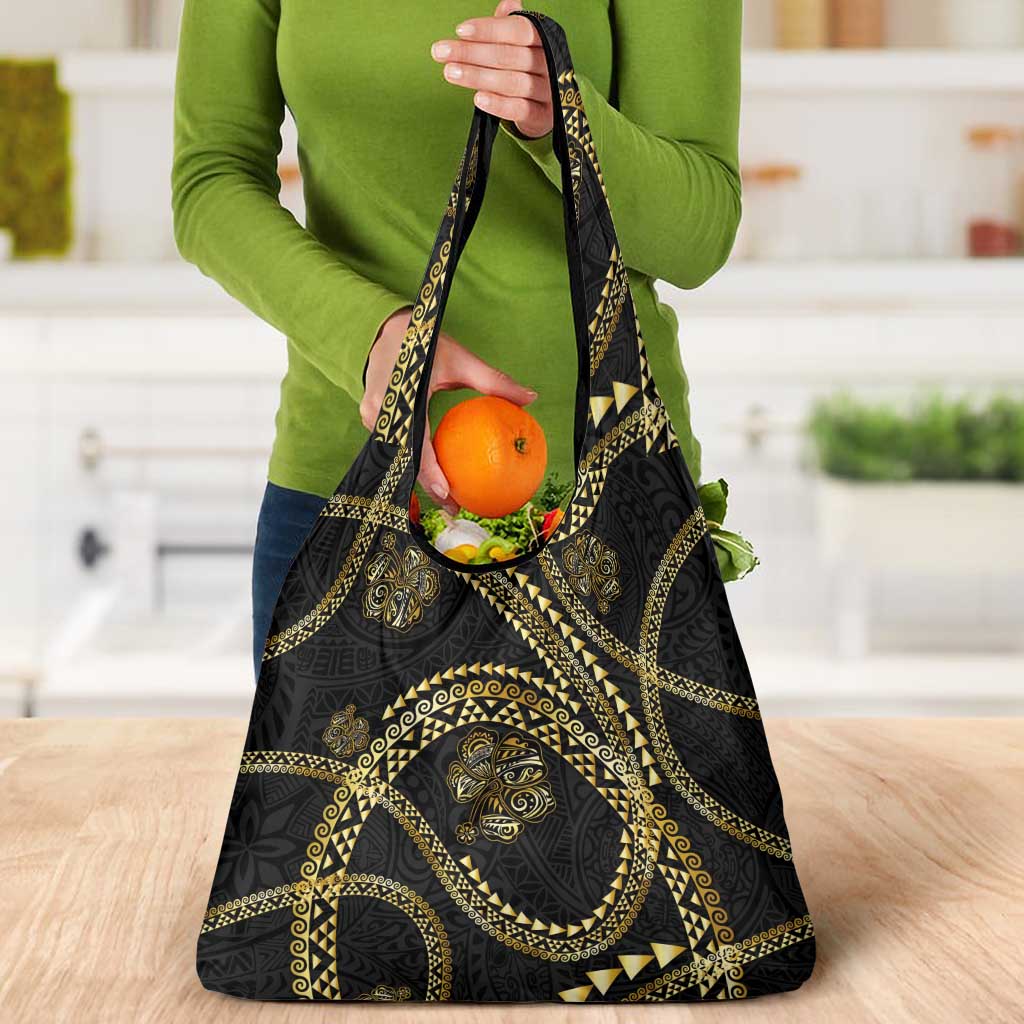 Hawaiian Kakau Art and Hisbiscus Tattoo Grocery Bag Tribal Pattern-Gold Style - Polynesian Pride