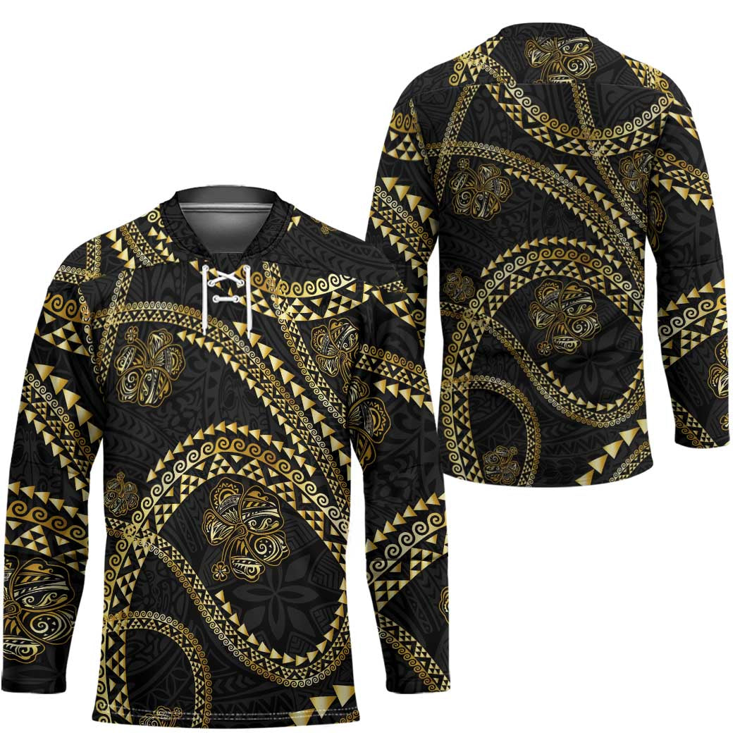 Hawaiian Kakau Art and Hisbiscus Tattoo Hockey Jersey Tribal Pattern-Gold Style - Polynesian Pride