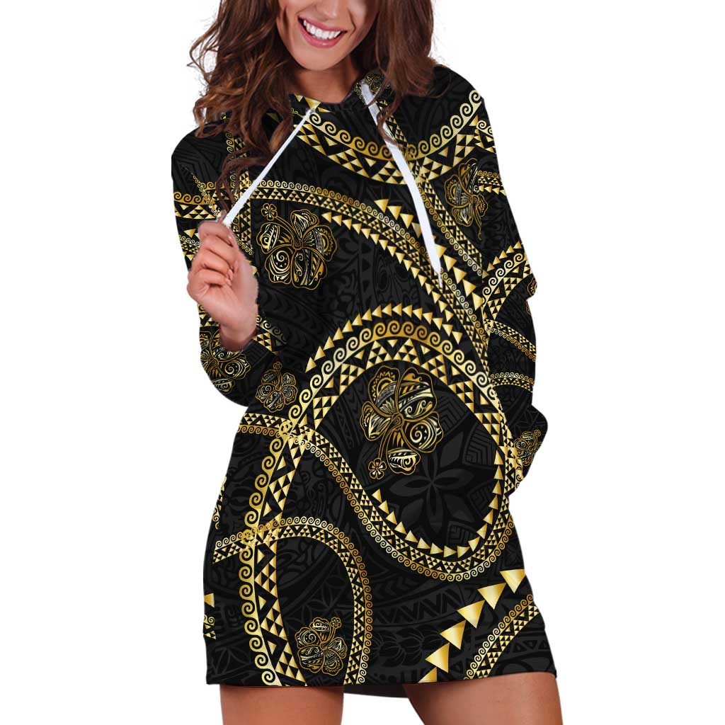 Hawaiian Kakau Art and Hisbiscus Tattoo Hoodie Dress Tribal Pattern-Gold Style LT03 Black - Polynesian Pride