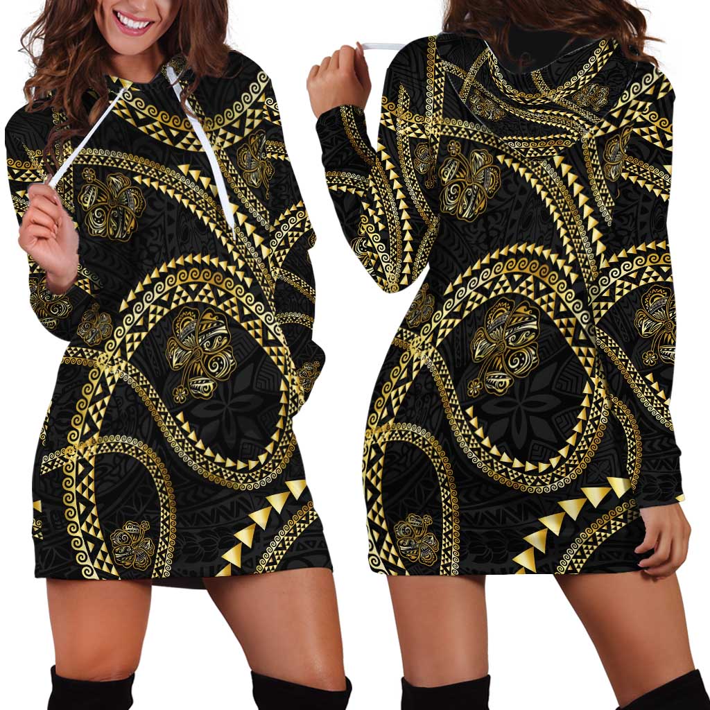 Hawaiian Kakau Art and Hisbiscus Tattoo Hoodie Dress Tribal Pattern-Gold Style LT03 - Polynesian Pride