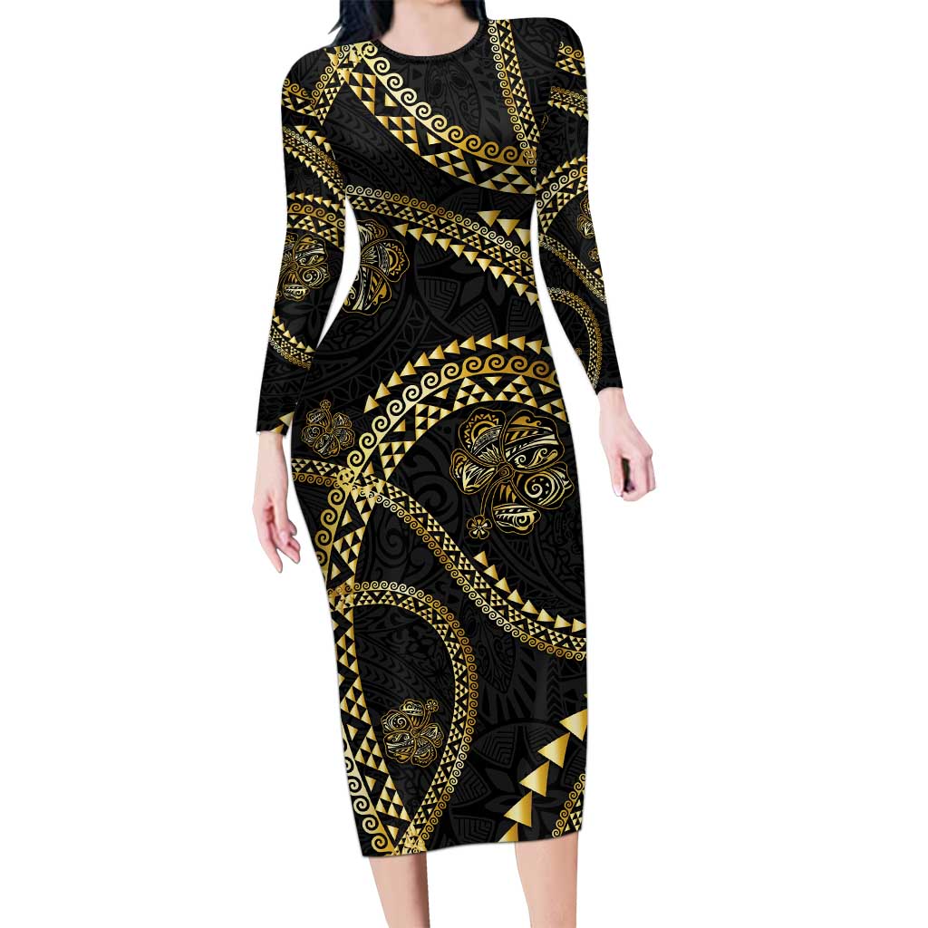 Hawaiian Kakau Art and Hisbiscus Tattoo Long Sleeve Bodycon Dress Tribal Pattern-Gold Style LT03 Long Dress Black - Polynesian Pride
