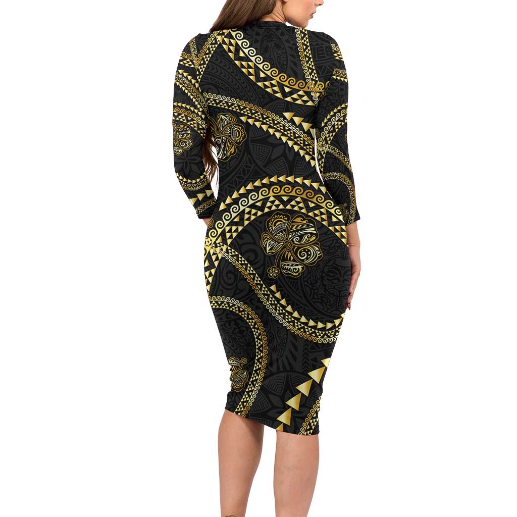 Hawaiian Kakau Art and Hisbiscus Tattoo Long Sleeve Bodycon Dress Tribal Pattern-Gold Style LT03 - Polynesian Pride