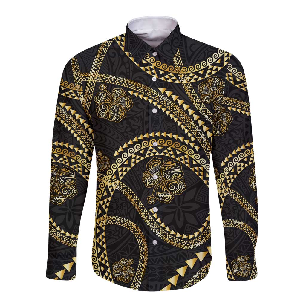 Hawaiian Kakau Art and Hisbiscus Tattoo Long Sleeve Button Shirt Tribal Pattern-Gold Style LT03 Unisex Black - Polynesian Pride
