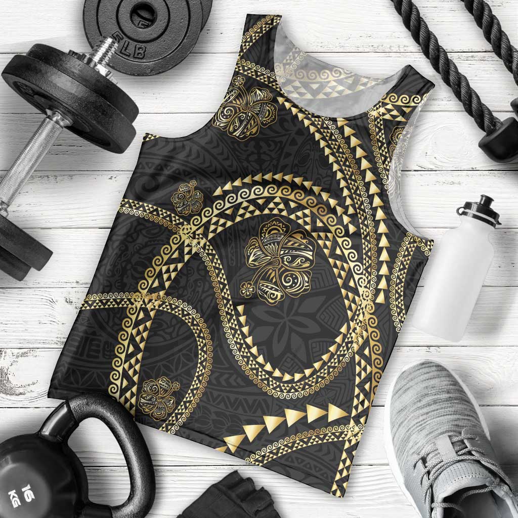 Hawaiian Kakau Art and Hisbiscus Tattoo Men Tank Top Tribal Pattern-Gold Style - Polynesian Pride