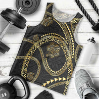 Hawaiian Kakau Art and Hisbiscus Tattoo Men Tank Top Tribal Pattern-Gold Style - Polynesian Pride