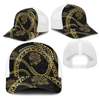 Hawaiian Kakau Art and Hisbiscus Tattoo Mesh Trucker Cap Tribal Pattern-Gold Style - Polynesian Pride