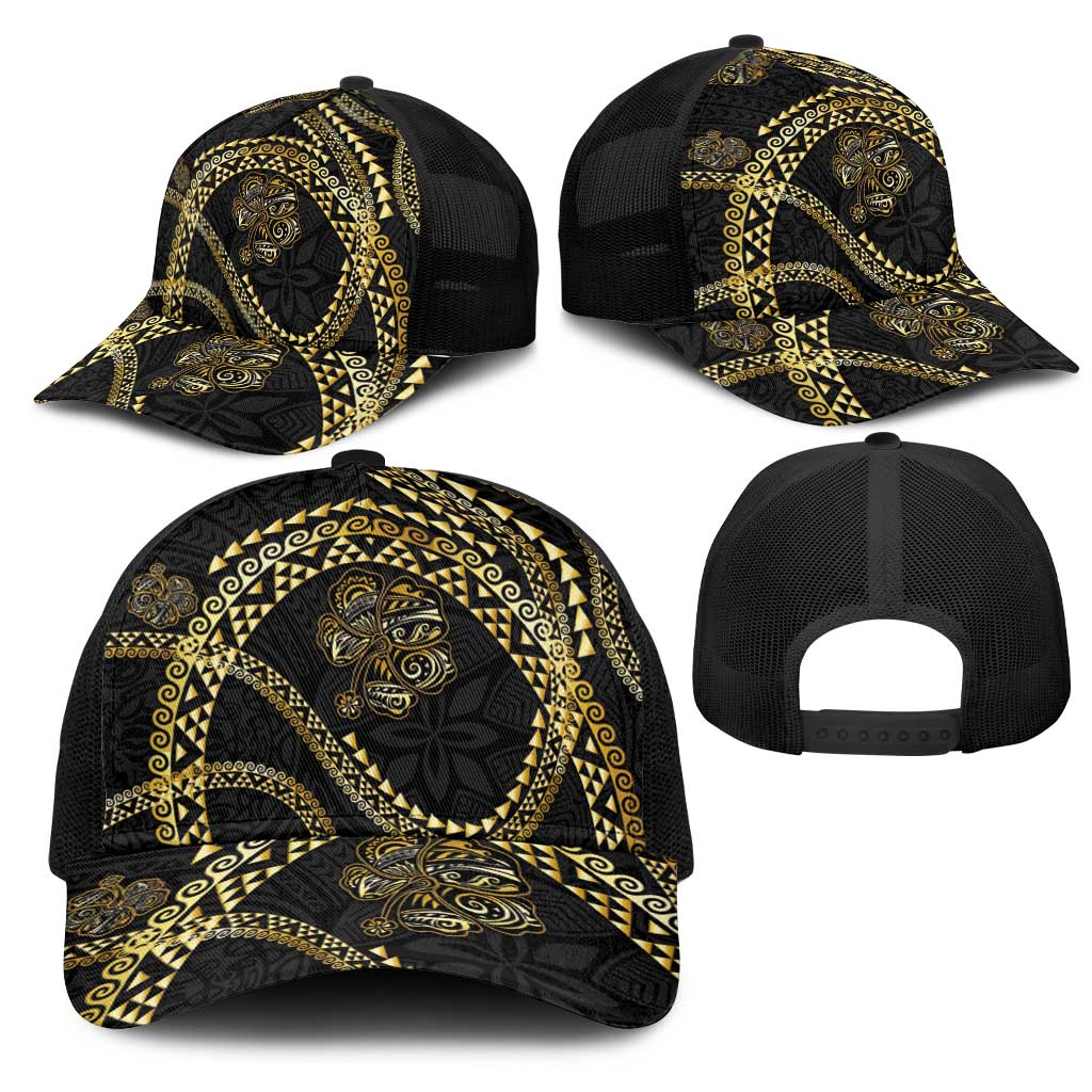 Hawaiian Kakau Art and Hisbiscus Tattoo Mesh Trucker Cap Tribal Pattern-Gold Style - Polynesian Pride