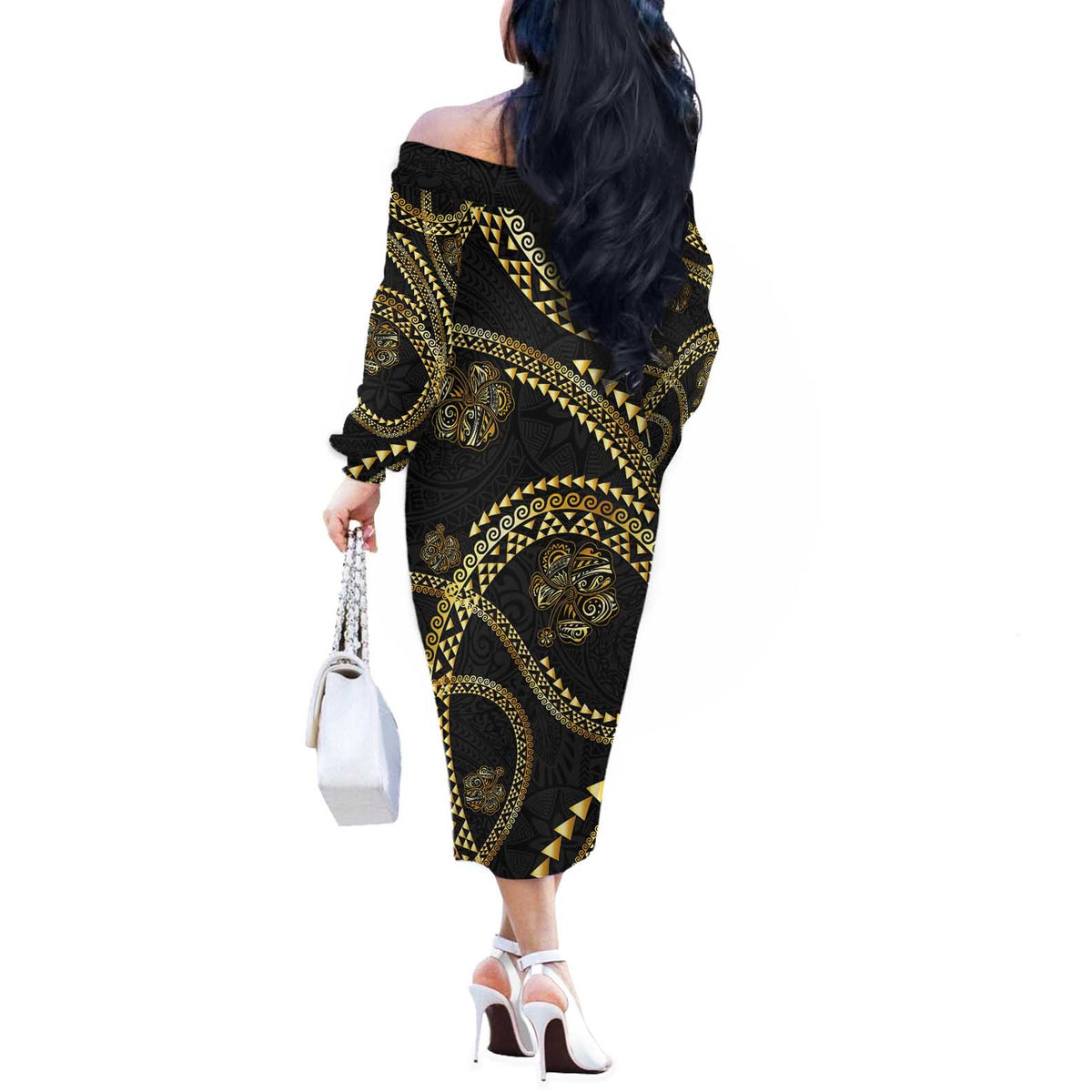 Hawaiian Kakau Art and Hisbiscus Tattoo Off The Shoulder Long Sleeve Dress Tribal Pattern-Gold Style LT03 - Polynesian Pride
