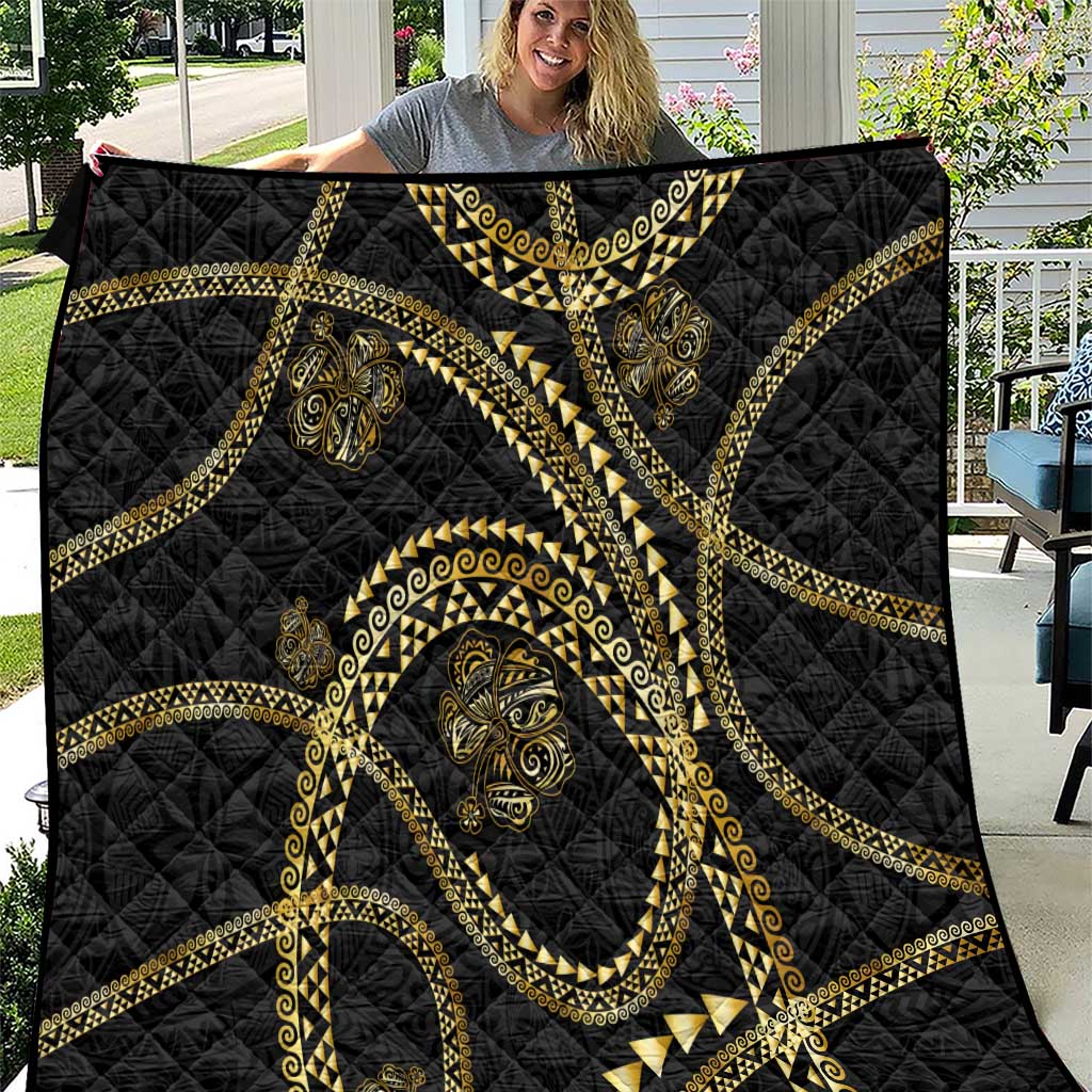 Hawaiian Kakau Art and Hisbiscus Tattoo Quilt Tribal Pattern-Gold Style LT03 Black - Polynesian Pride