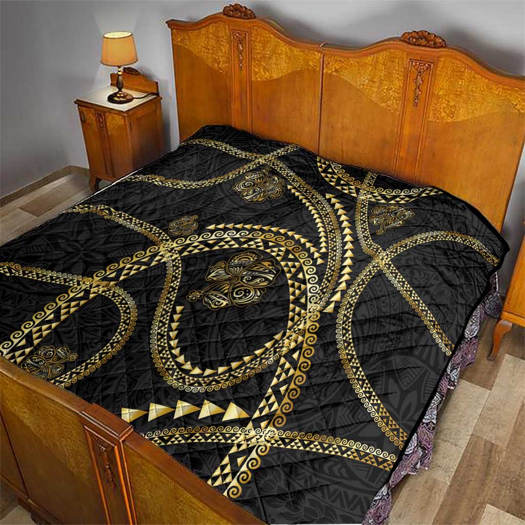 Hawaiian Kakau Art and Hisbiscus Tattoo Quilt Tribal Pattern-Gold Style LT03 - Polynesian Pride