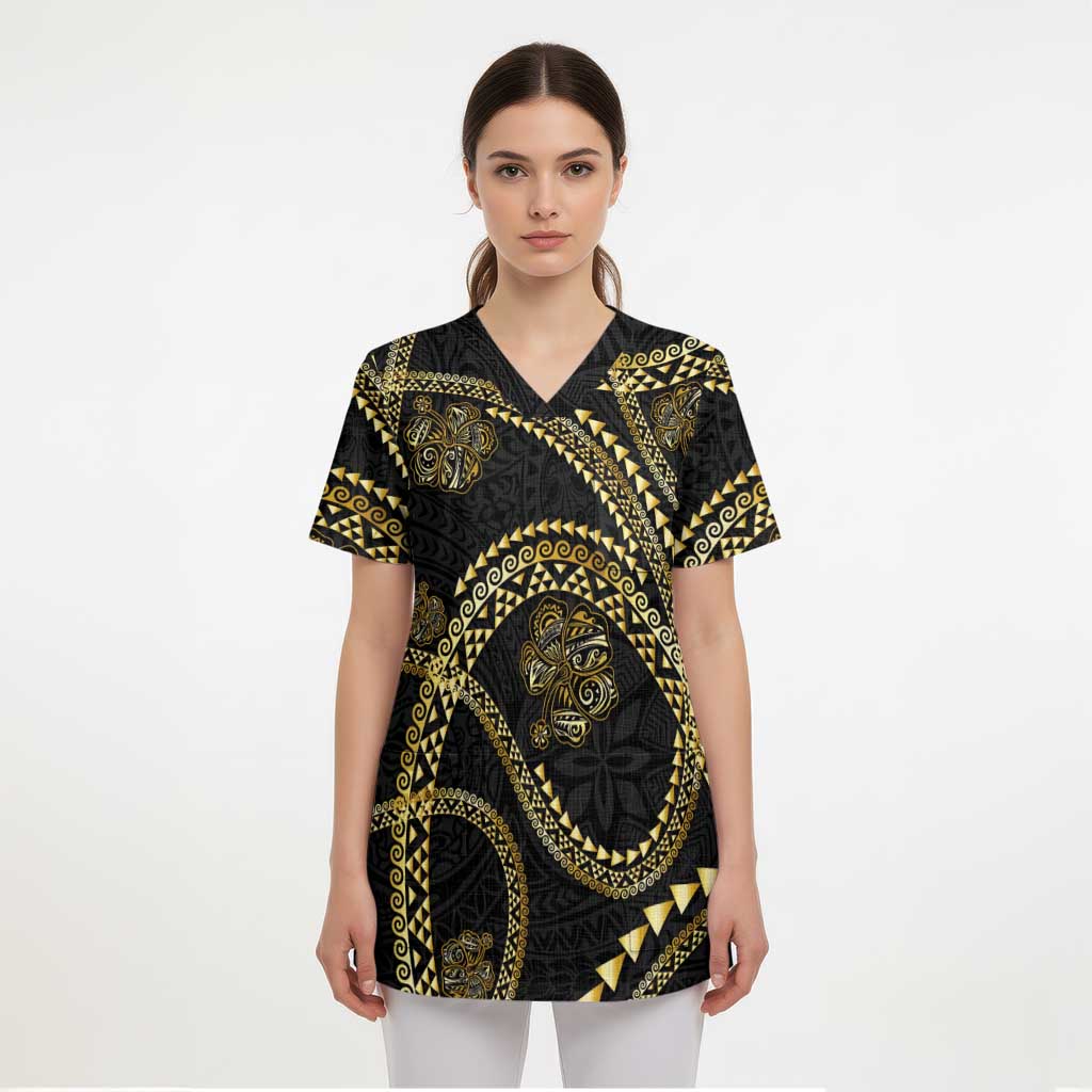 Hawaiian Kakau Art and Hisbiscus Tattoo Scrub Top Tribal Pattern-Gold Style - Polynesian Pride