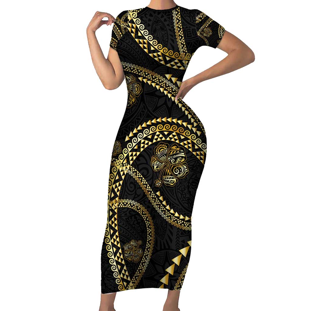 Hawaiian Kakau Art and Hisbiscus Tattoo Short Sleeve Bodycon Dress Tribal Pattern-Gold Style LT03 Long Dress Black - Polynesian Pride