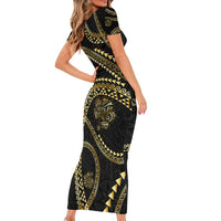 Hawaiian Kakau Art and Hisbiscus Tattoo Short Sleeve Bodycon Dress Tribal Pattern-Gold Style LT03 - Polynesian Pride