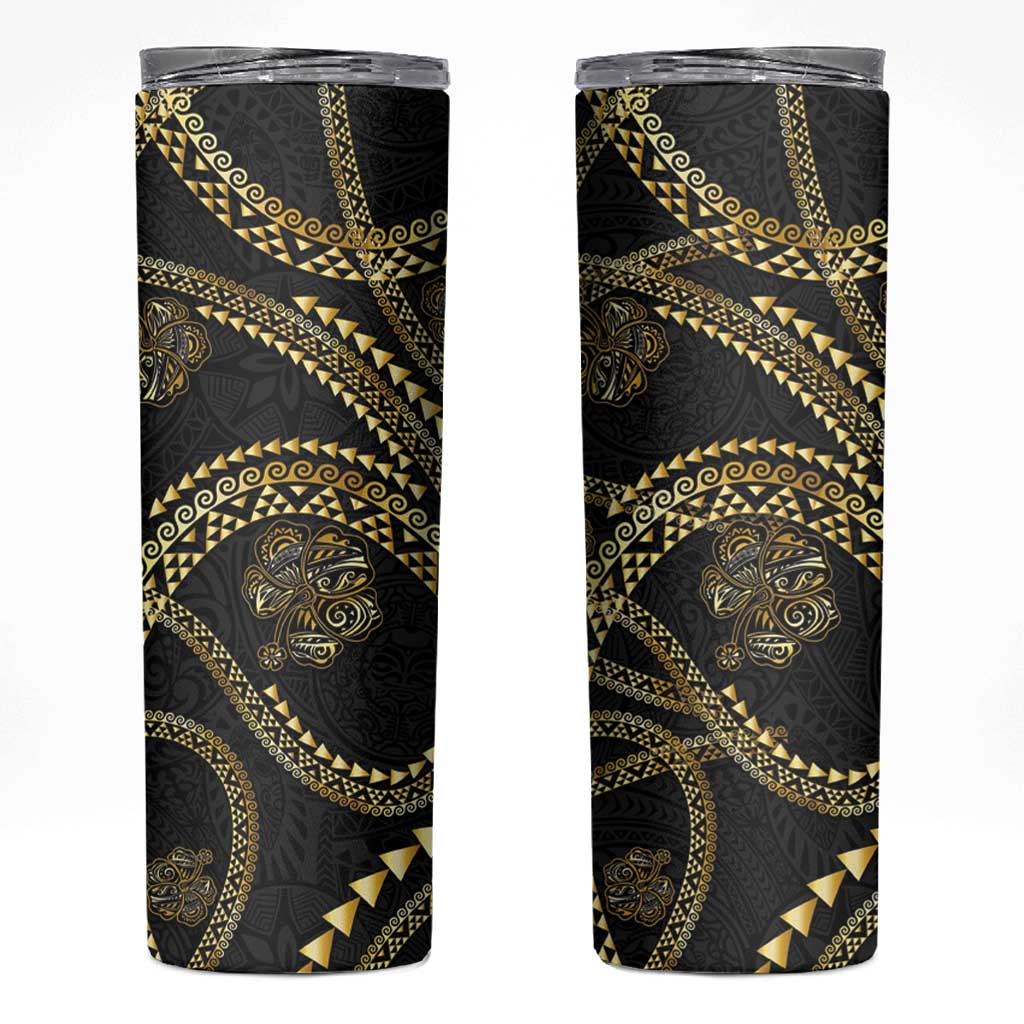 Hawaiian Kakau Art and Hisbiscus Tattoo Skinny Tumbler Tribal Pattern-Gold Style LT03 Black - Polynesian Pride