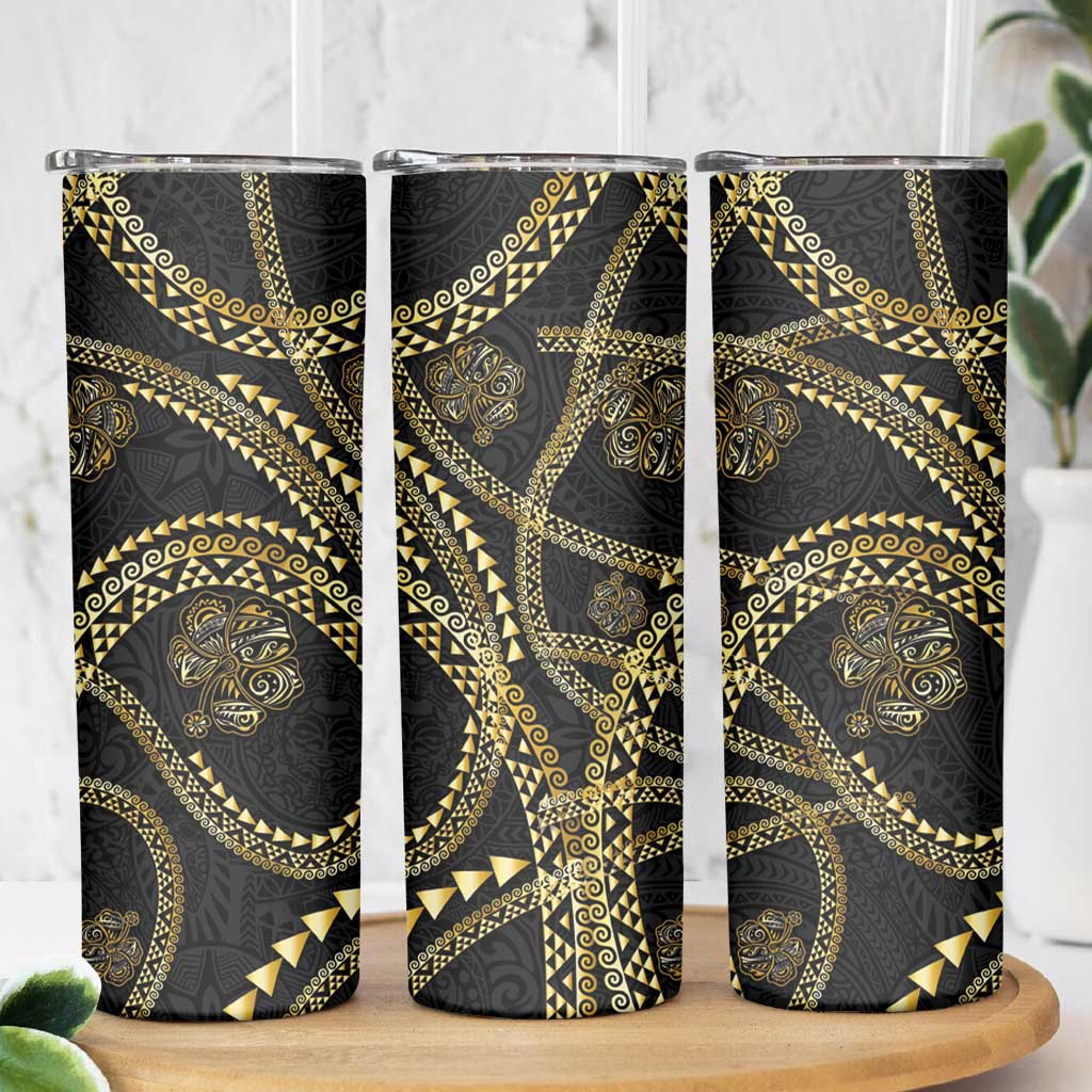 Hawaiian Kakau Art and Hisbiscus Tattoo Skinny Tumbler Tribal Pattern-Gold Style LT03 - Polynesian Pride