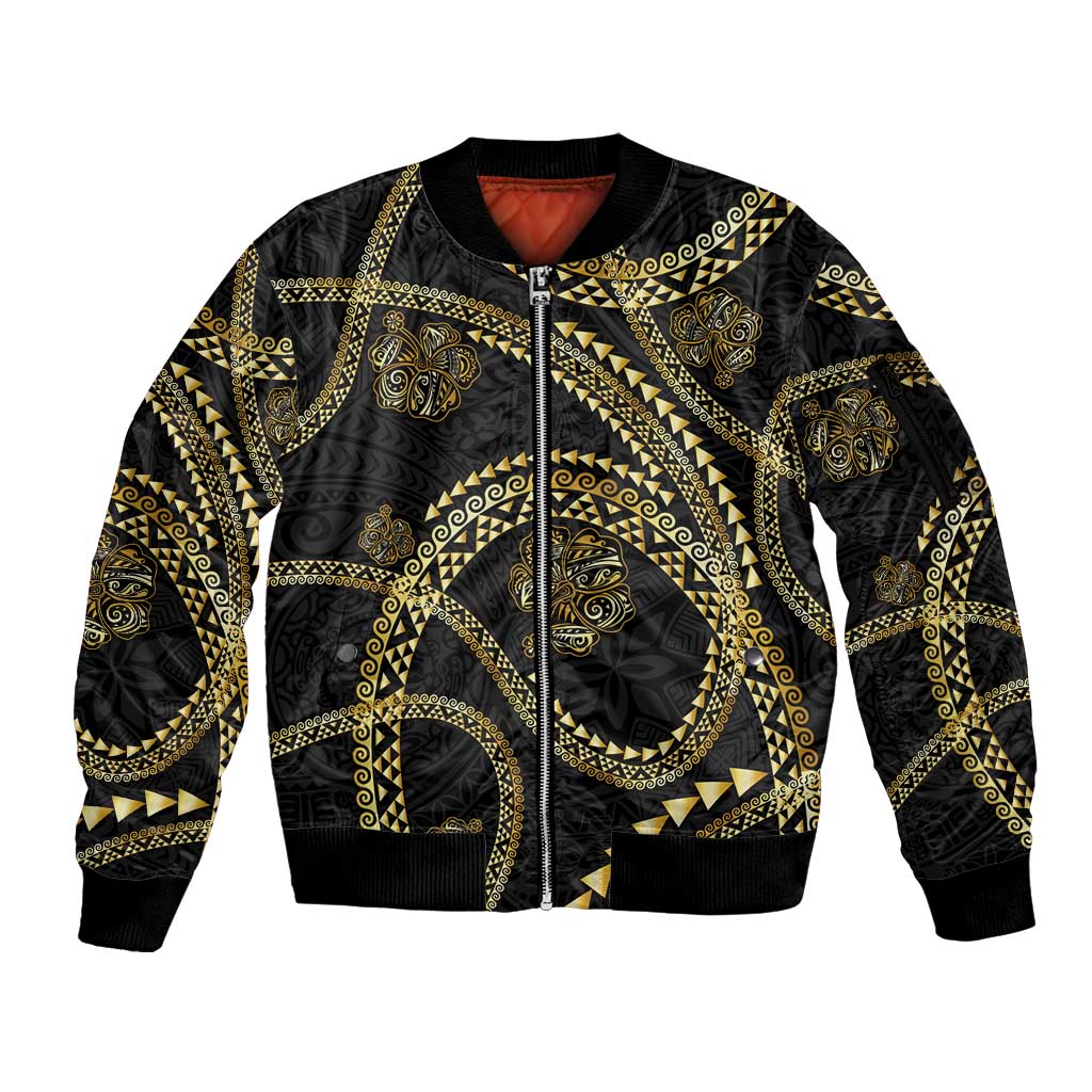 Hawaiian Kakau Art and Hisbiscus Tattoo Sleeve Zip Bomber Jacket Tribal Pattern-Gold Style LT03 Unisex Black - Polynesian Pride