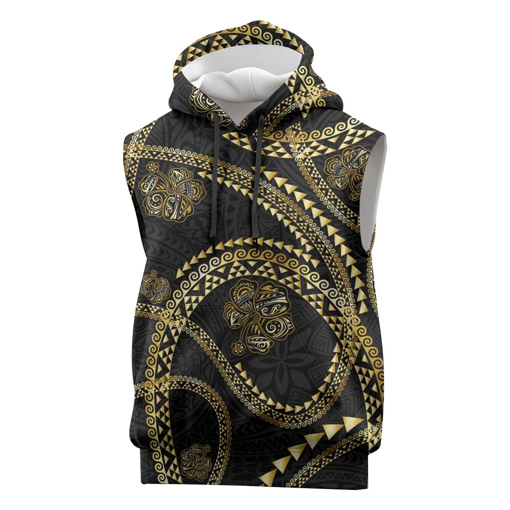 Hawaiian Kakau Art and Hisbiscus Tattoo Sleeveless Hoodie Tribal Pattern-Gold Style LT03 Black - Polynesian Pride