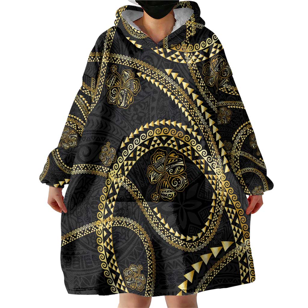 Hawaiian Kakau Art and Hisbiscus Tattoo Wearable Blanket Hoodie Tribal Pattern-Gold Style LT03 - Polynesian Pride