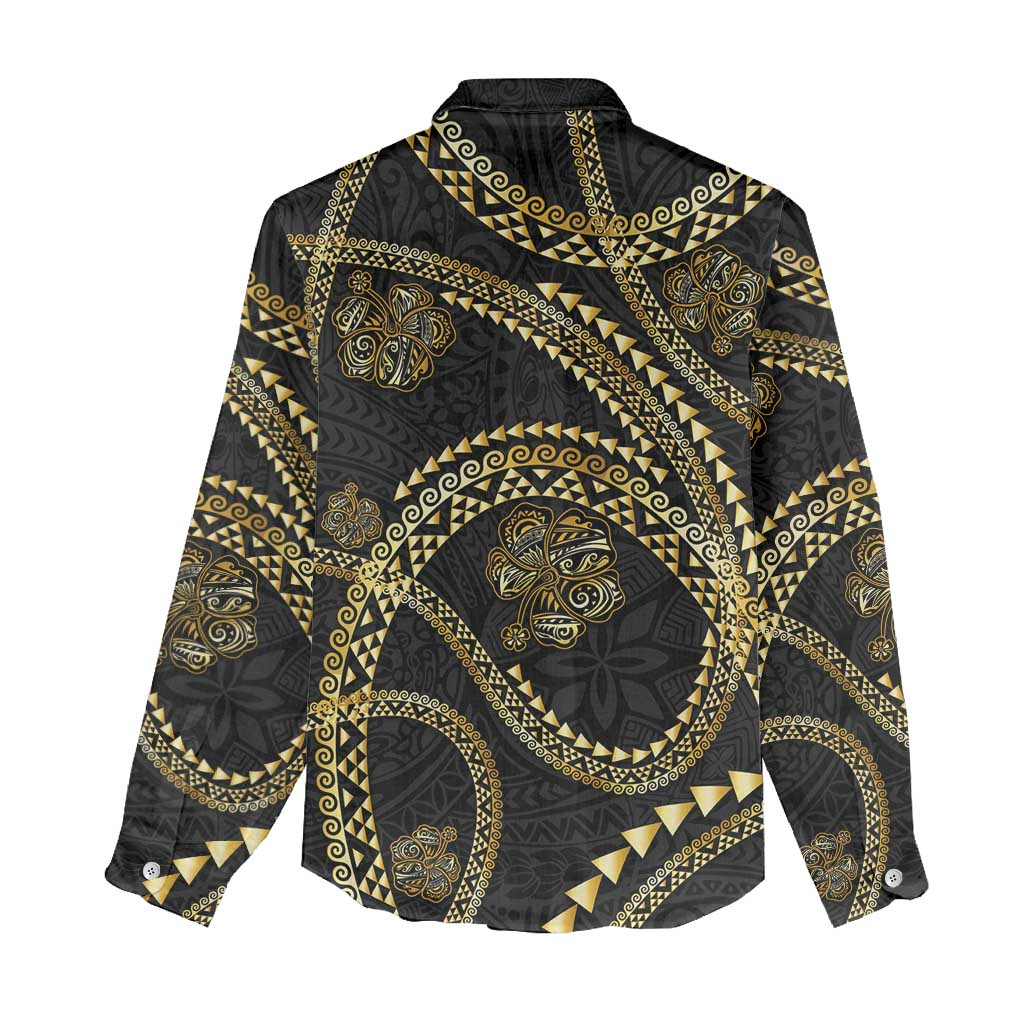 Hawaiian Kakau Art and Hisbiscus Tattoo Women Casual Shirt Tribal Pattern-Gold Style - Polynesian Pride