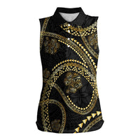 Hawaiian Kakau Art and Hisbiscus Tattoo Women Sleeveless Polo Shirt Tribal Pattern-Gold Style LT03 Female Black - Polynesian Pride