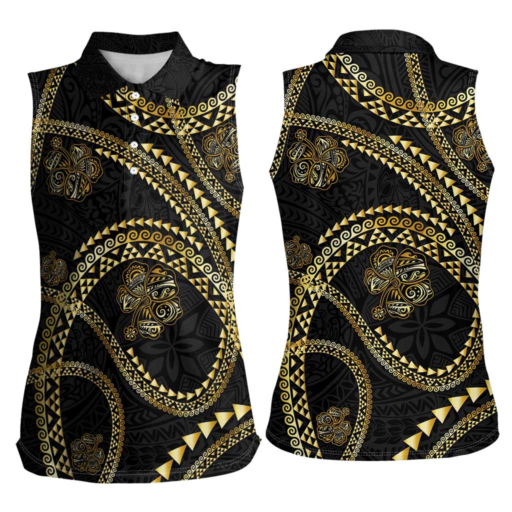 Hawaiian Kakau Art and Hisbiscus Tattoo Women Sleeveless Polo Shirt Tribal Pattern-Gold Style LT03 - Polynesian Pride