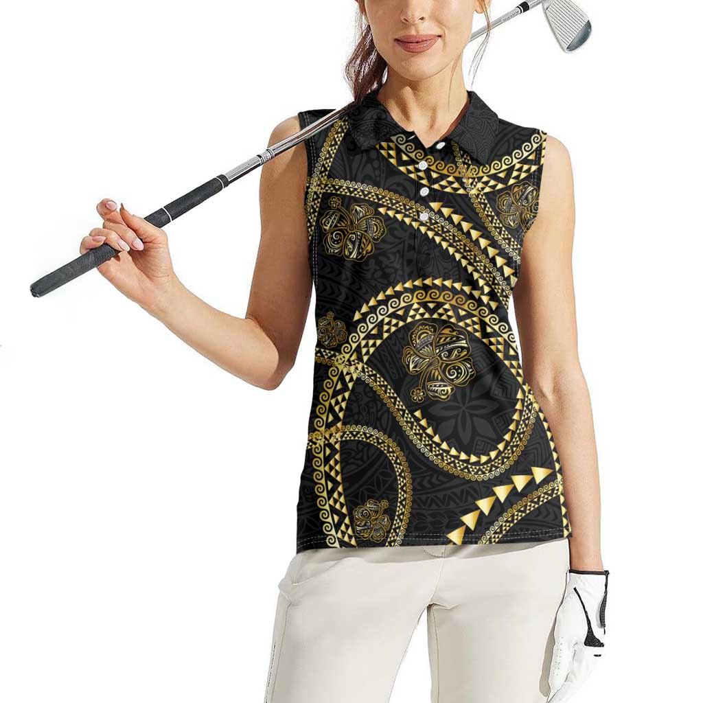 Hawaiian Kakau Art and Hisbiscus Tattoo Women Sleeveless Polo Shirt Tribal Pattern-Gold Style LT03 - Polynesian Pride