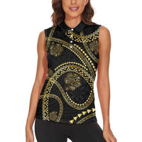 Hawaiian Kakau Art and Hisbiscus Tattoo Women Sleeveless Polo Shirt Tribal Pattern-Gold Style LT03 - Polynesian Pride