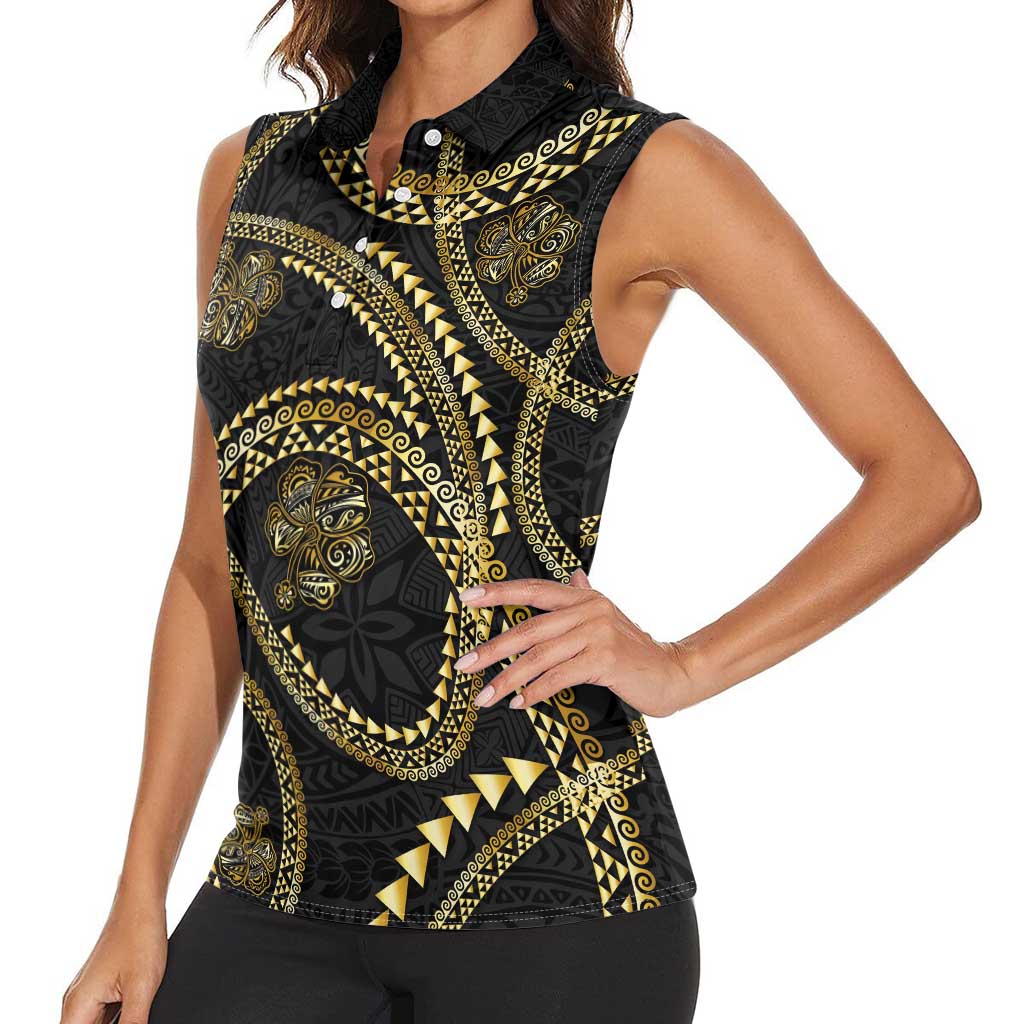 Hawaiian Kakau Art and Hisbiscus Tattoo Women Sleeveless Polo Shirt Tribal Pattern-Gold Style LT03 - Polynesian Pride