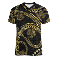 Hawaiian Kakau Art and Hisbiscus Tattoo Women V-Neck T-Shirt Tribal Pattern-Gold Style LT03 Female Black - Polynesian Pride
