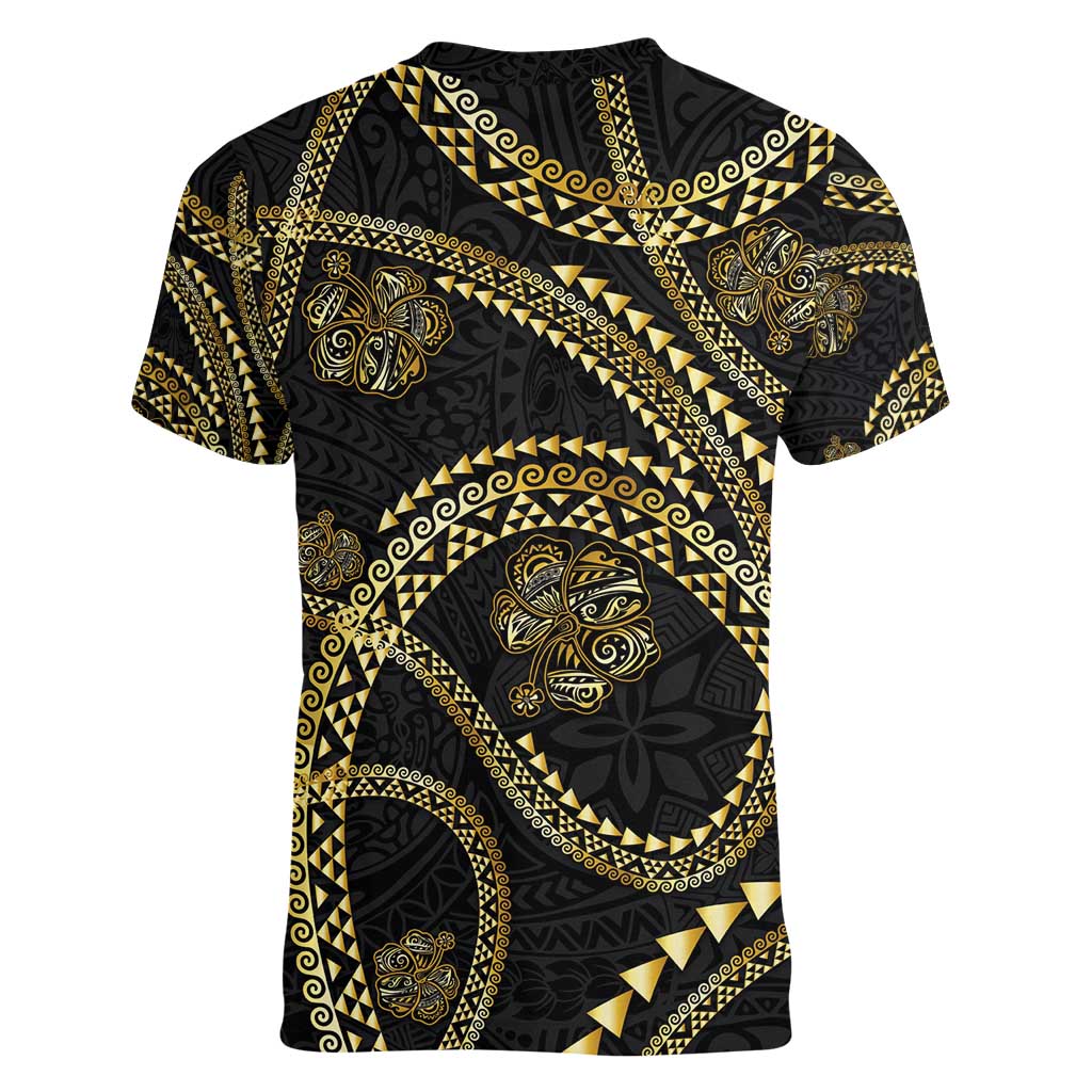 Hawaiian Kakau Art and Hisbiscus Tattoo Women V-Neck T-Shirt Tribal Pattern-Gold Style LT03 - Polynesian Pride
