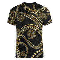 Hawaiian Kakau Art and Hisbiscus Tattoo Women V-Neck T-Shirt Tribal Pattern-Gold Style LT03 - Polynesian Pride