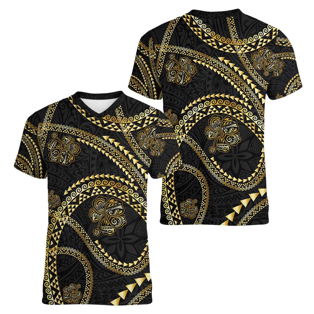 Hawaiian Kakau Art and Hisbiscus Tattoo Women V-Neck T-Shirt Tribal Pattern-Gold Style LT03 - Polynesian Pride