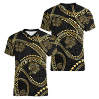 Hawaiian Kakau Art and Hisbiscus Tattoo Women V-Neck T-Shirt Tribal Pattern-Gold Style LT03 - Polynesian Pride