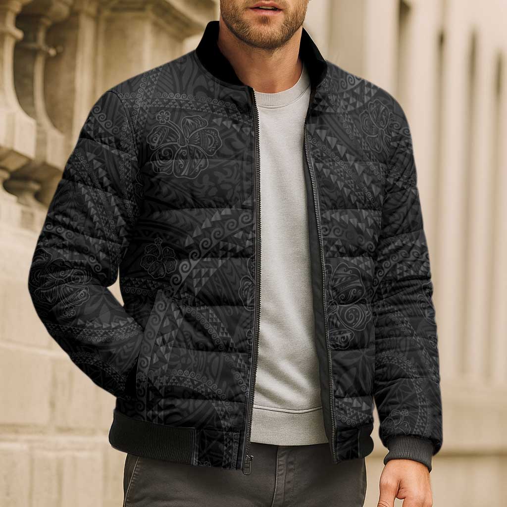 Hawaiian Kakau Art and Hisbiscus Tattoo Bomber Puffer Jacket Tribal Pattern-Black Gradient Style - Polynesian Pride