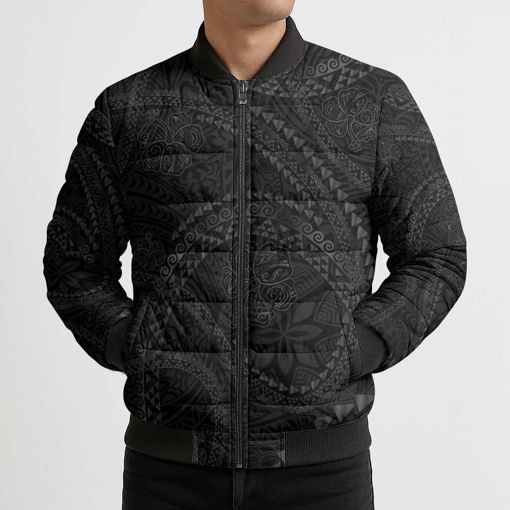 Hawaiian Kakau Art and Hisbiscus Tattoo Bomber Puffer Jacket Tribal Pattern-Black Gradient Style - Polynesian Pride