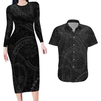 Hawaiian Kakau Art and Hisbiscus Tattoo Couples Matching Long Sleeve Bodycon Dress and Hawaiian Shirt Tribal Pattern-Black Gradient Style LT03 Black - Polynesian Pride