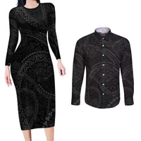Hawaiian Kakau Art and Hisbiscus Tattoo Couples Matching Long Sleeve Bodycon Dress and Long Sleeve Button Shirt Tribal Pattern-Black Gradient Style LT03 Black - Polynesian Pride