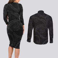 Hawaiian Kakau Art and Hisbiscus Tattoo Couples Matching Long Sleeve Bodycon Dress and Long Sleeve Button Shirt Tribal Pattern-Black Gradient Style LT03 - Polynesian Pride