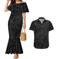 Hawaiian Kakau Art and Hisbiscus Tattoo Couples Matching Mermaid Dress and Hawaiian Shirt Tribal Pattern-Black Gradient Style LT03 Black - Polynesian Pride
