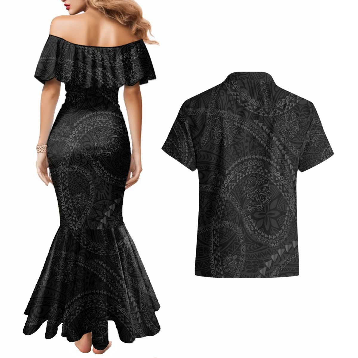 Hawaiian Kakau Art and Hisbiscus Tattoo Couples Matching Mermaid Dress and Hawaiian Shirt Tribal Pattern-Black Gradient Style LT03 - Polynesian Pride