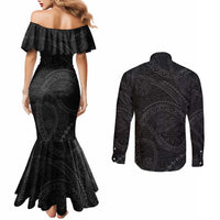 Hawaiian Kakau Art and Hisbiscus Tattoo Couples Matching Mermaid Dress and Long Sleeve Button Shirt Tribal Pattern-Black Gradient Style LT03 - Polynesian Pride