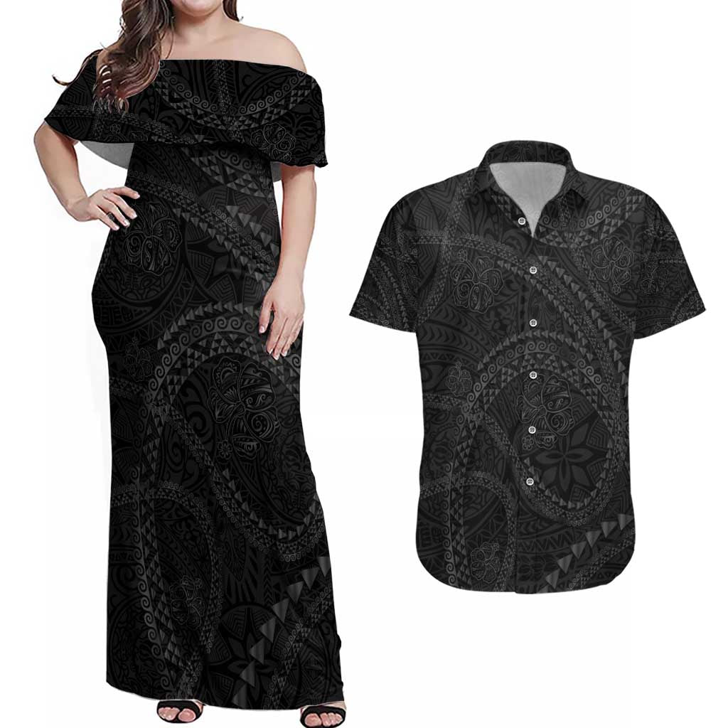 Hawaiian Kakau Art and Hisbiscus Tattoo Couples Matching Off Shoulder Maxi Dress and Hawaiian Shirt Tribal Pattern-Black Gradient Style LT03 Black - Polynesian Pride
