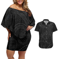 Hawaiian Kakau Art and Hisbiscus Tattoo Couples Matching Off Shoulder Short Dress and Hawaiian Shirt Tribal Pattern-Black Gradient Style LT03 Black - Polynesian Pride