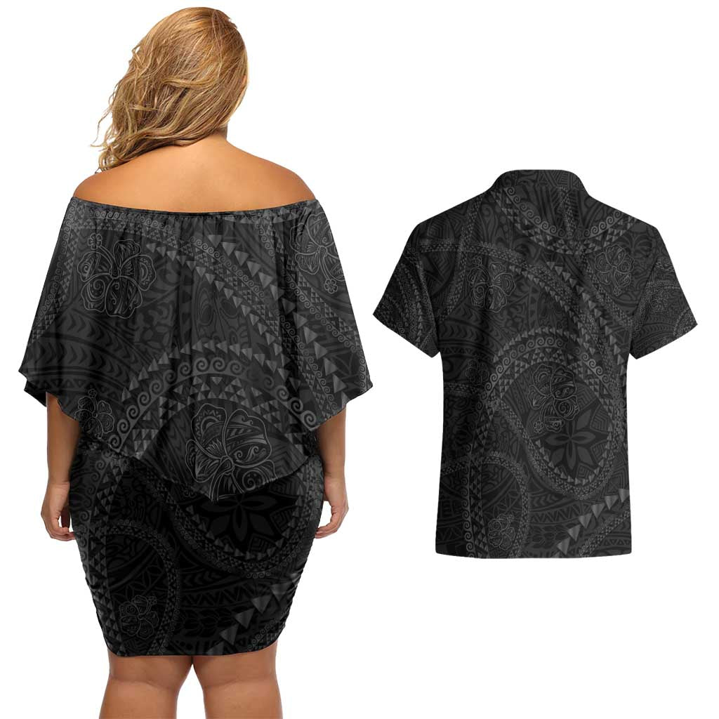 Hawaiian Kakau Art and Hisbiscus Tattoo Couples Matching Off Shoulder Short Dress and Hawaiian Shirt Tribal Pattern-Black Gradient Style LT03 - Polynesian Pride